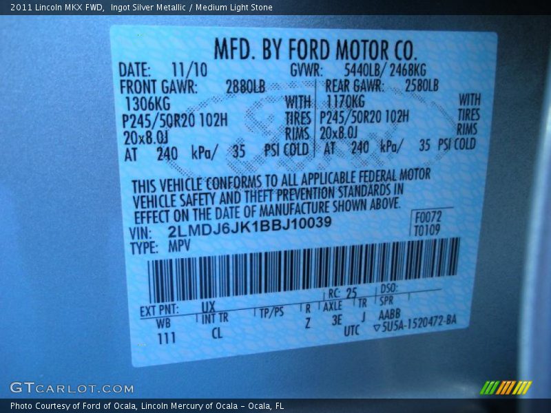 2011 MKX FWD Ingot Silver Metallic Color Code UX