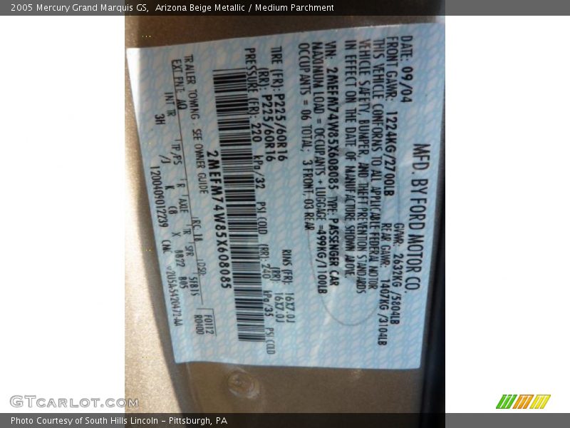 Arizona Beige Metallic / Medium Parchment 2005 Mercury Grand Marquis GS
