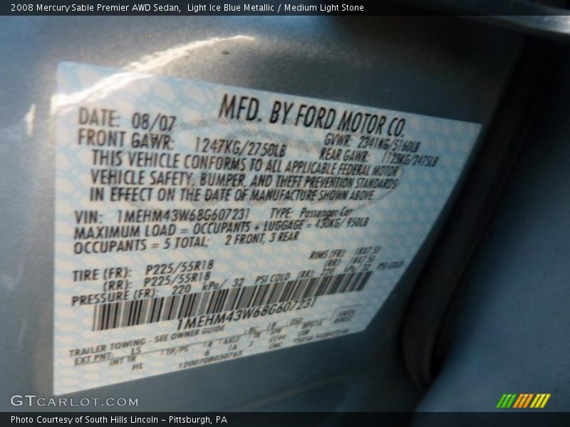 Light Ice Blue Metallic / Medium Light Stone 2008 Mercury Sable Premier AWD Sedan