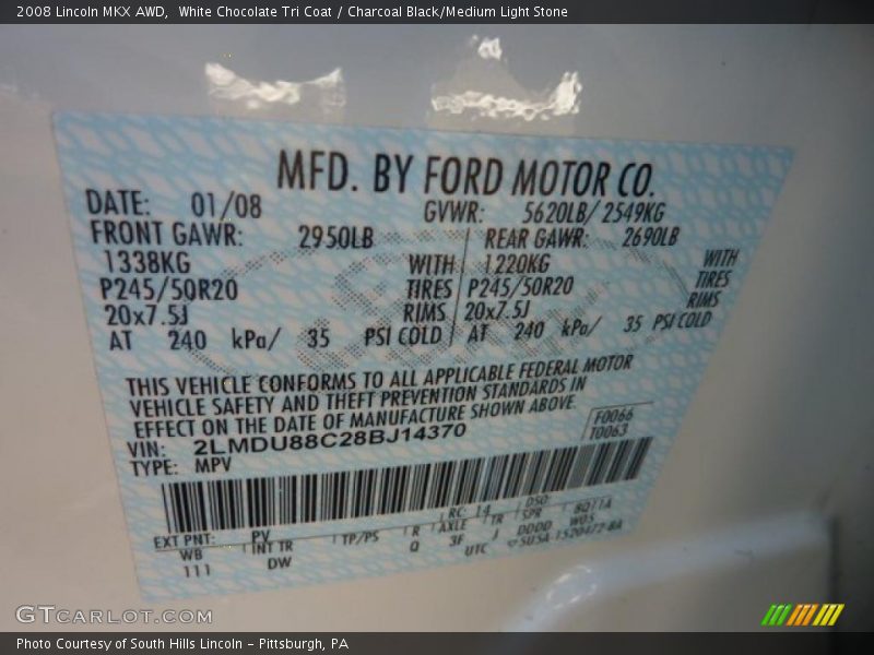 White Chocolate Tri Coat / Charcoal Black/Medium Light Stone 2008 Lincoln MKX AWD