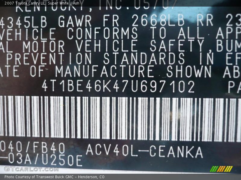 Super White / Ash 2007 Toyota Camry LE