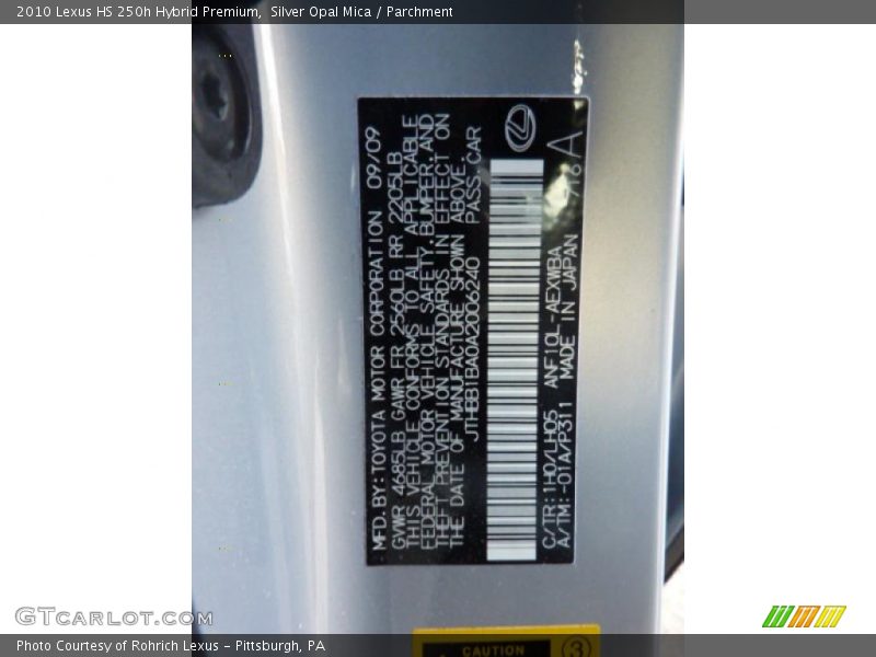 2010 HS 250h Hybrid Premium Silver Opal Mica Color Code 1H0