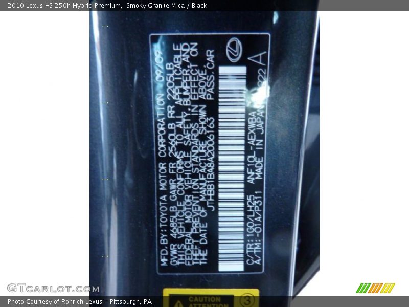 2010 HS 250h Hybrid Premium Smoky Granite Mica Color Code 1G0