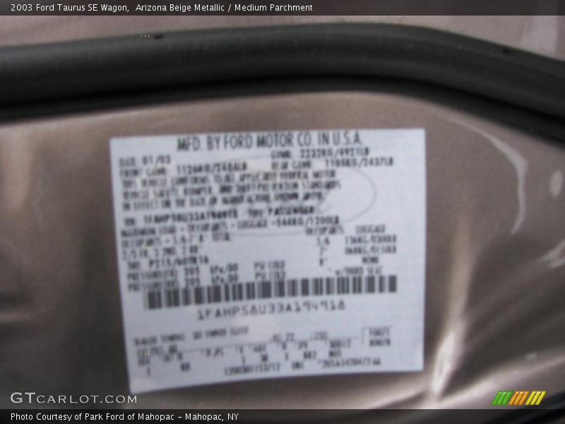 Arizona Beige Metallic / Medium Parchment 2003 Ford Taurus SE Wagon