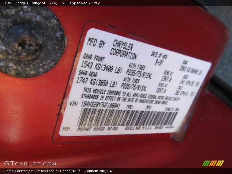 1998 Durango SLT 4x4 Chili Pepper Red Color Code PEA