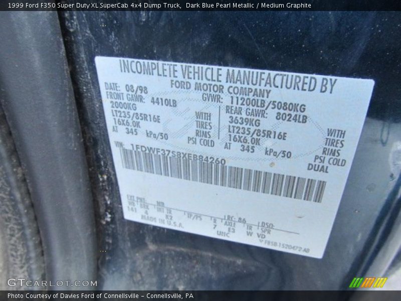 Dark Blue Pearl Metallic / Medium Graphite 1999 Ford F350 Super Duty XL SuperCab 4x4 Dump Truck