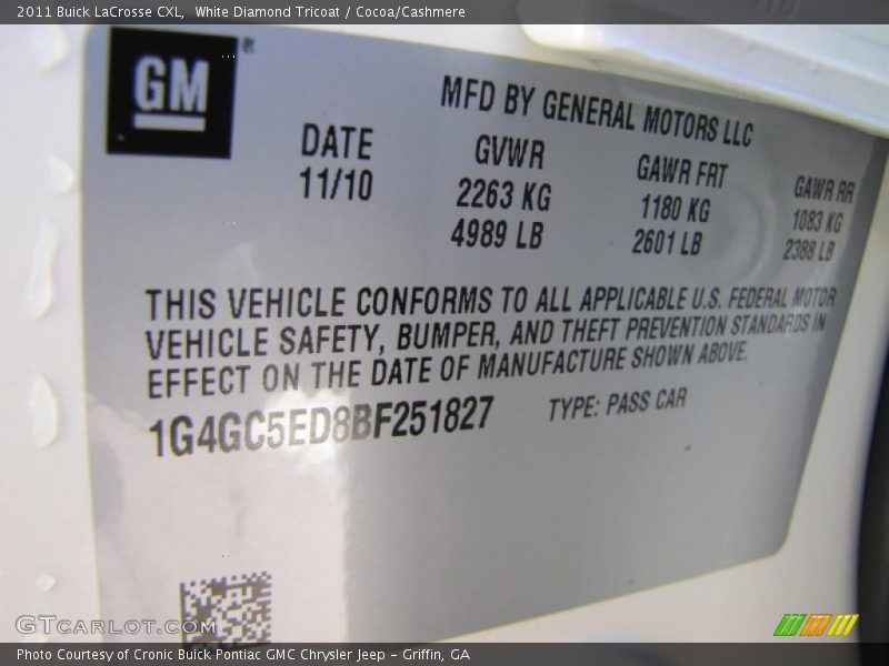White Diamond Tricoat / Cocoa/Cashmere 2011 Buick LaCrosse CXL