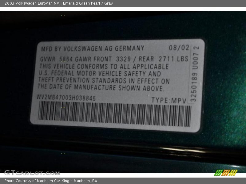 Emerald Green Pearl / Gray 2003 Volkswagen EuroVan MV