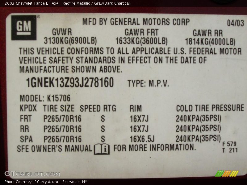 Redfire Metallic / Gray/Dark Charcoal 2003 Chevrolet Tahoe LT 4x4