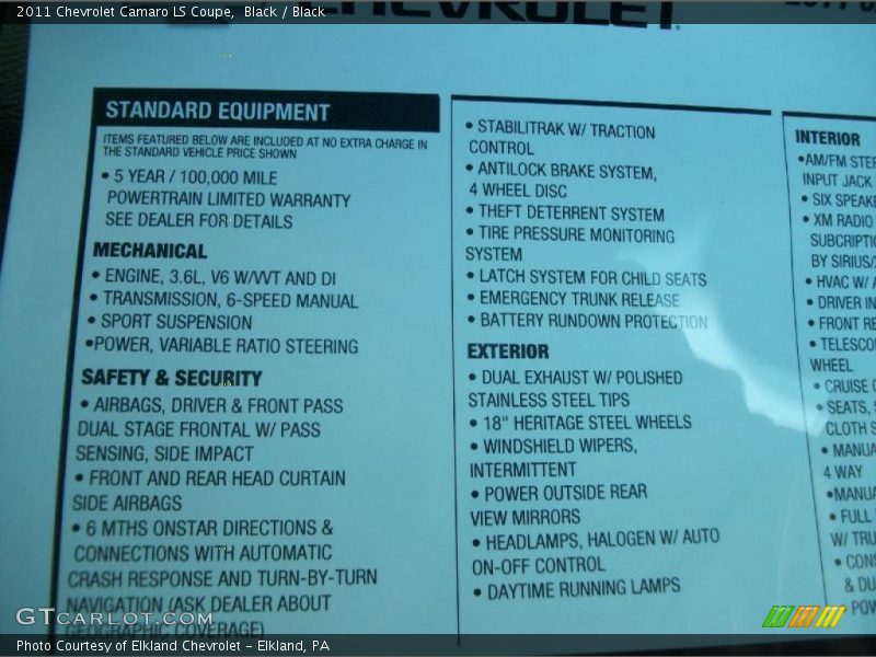  2011 Camaro LS Coupe Window Sticker