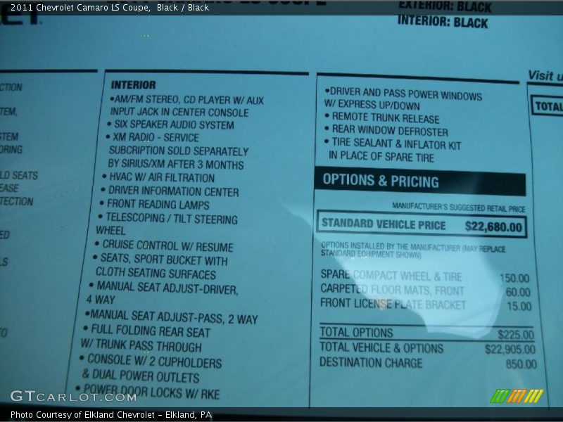  2011 Camaro LS Coupe Window Sticker