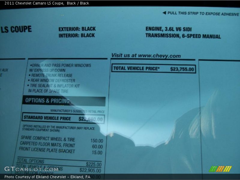  2011 Camaro LS Coupe Window Sticker