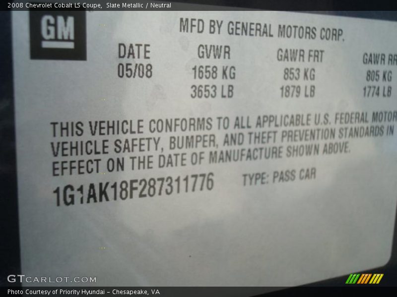 Slate Metallic / Neutral 2008 Chevrolet Cobalt LS Coupe