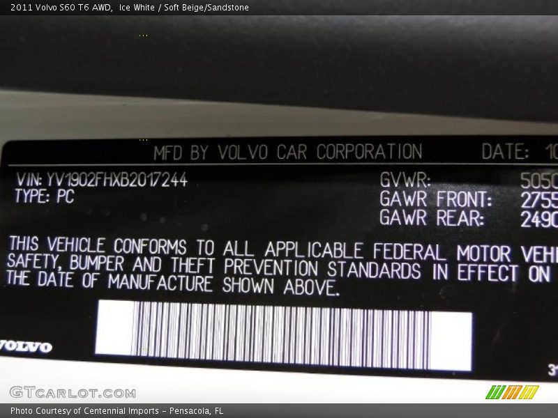 Info Tag of 2011 S60 T6 AWD