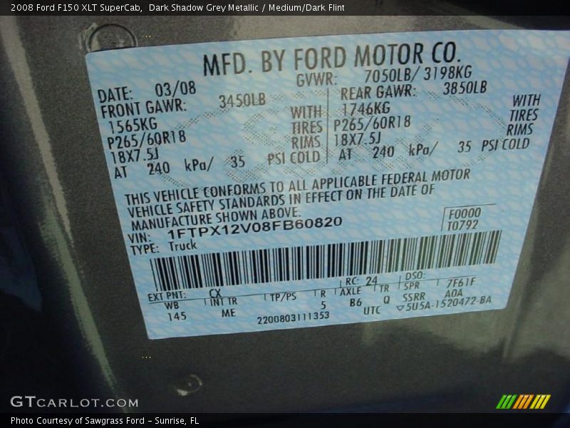 2008 F150 XLT SuperCab Dark Shadow Grey Metallic Color Code CX