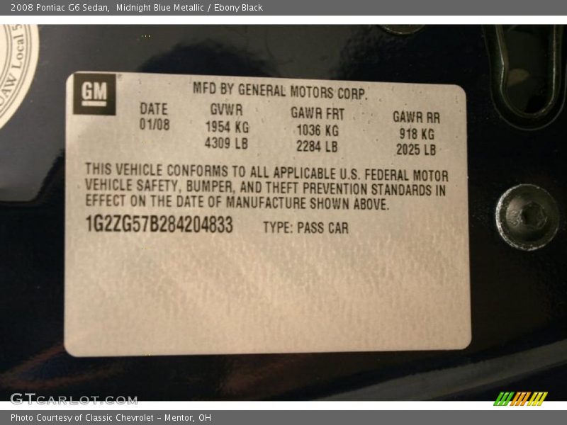 Midnight Blue Metallic / Ebony Black 2008 Pontiac G6 Sedan