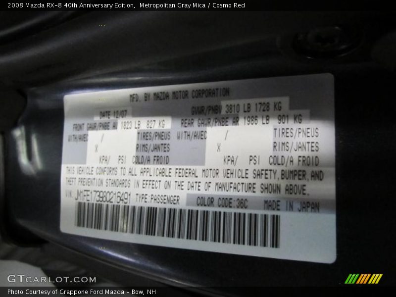 2008 RX-8 40th Anniversary Edition Metropolitan Gray Mica Color Code 36C