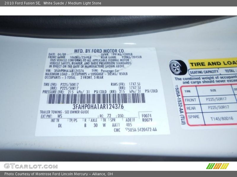 White Suede / Medium Light Stone 2010 Ford Fusion SE