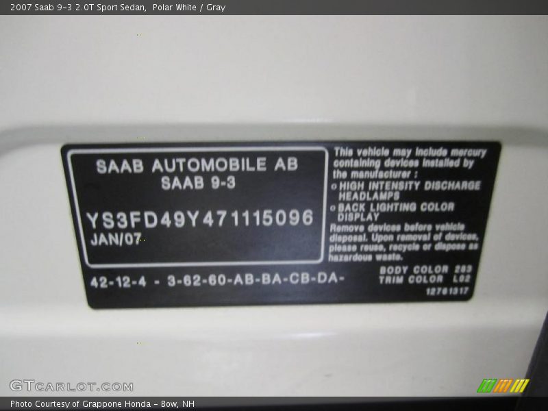 Polar White / Gray 2007 Saab 9-3 2.0T Sport Sedan
