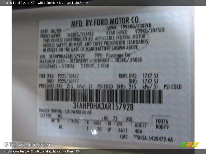 White Suede / Medium Light Stone 2010 Ford Fusion SE