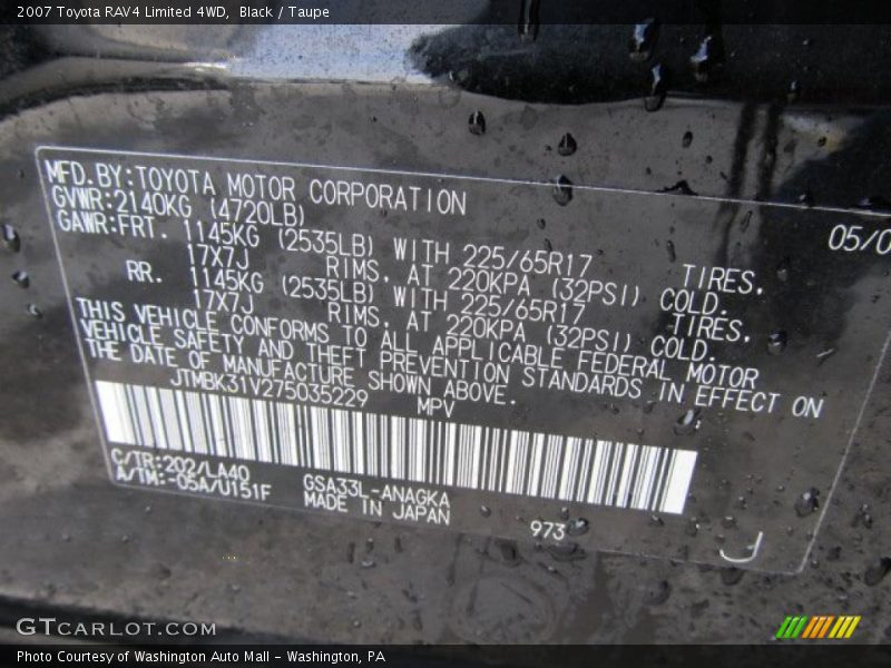 Black / Taupe 2007 Toyota RAV4 Limited 4WD