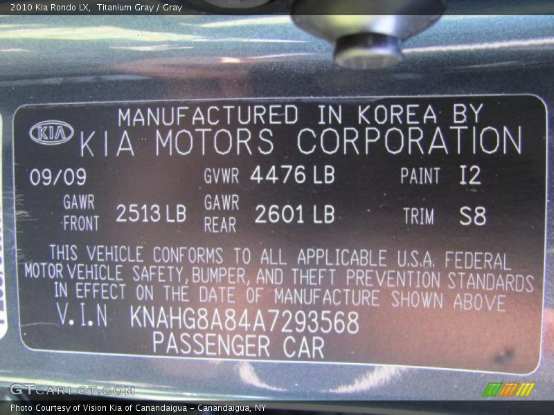 2010 Rondo LX Titanium Gray Color Code I2
