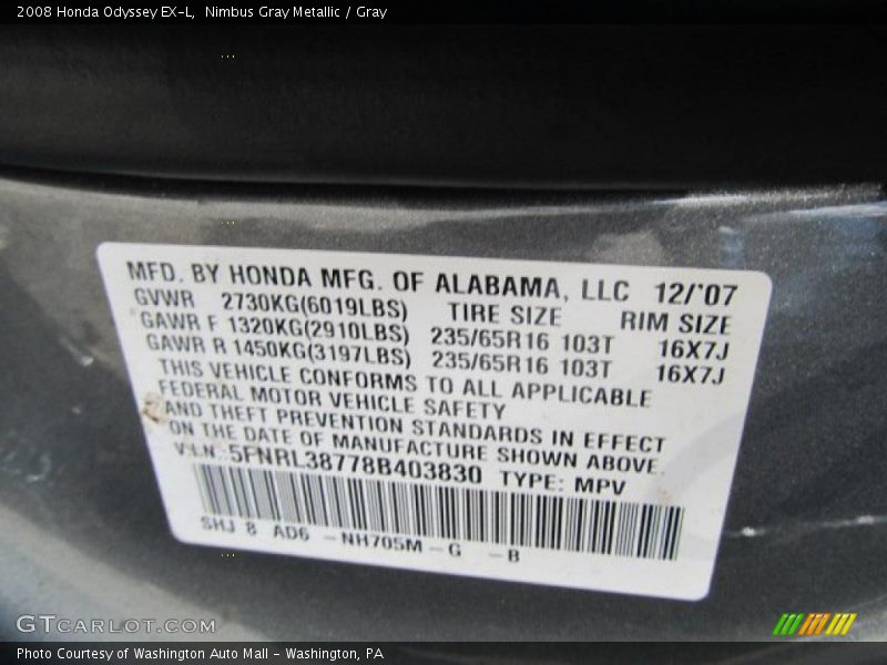 Nimbus Gray Metallic / Gray 2008 Honda Odyssey EX-L