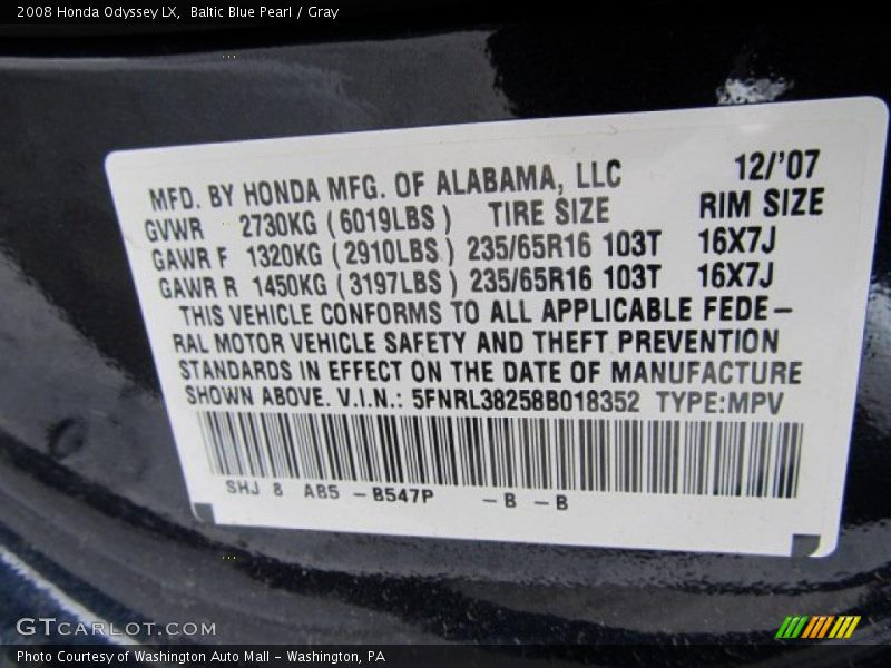 Baltic Blue Pearl / Gray 2008 Honda Odyssey LX