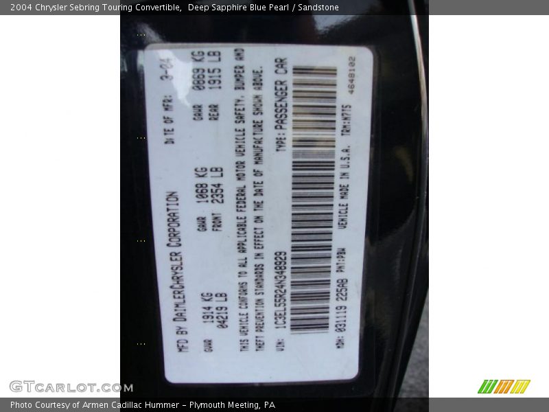 Deep Sapphire Blue Pearl / Sandstone 2004 Chrysler Sebring Touring Convertible