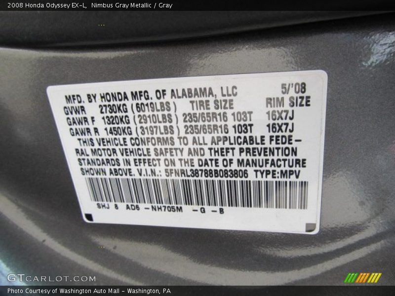 Nimbus Gray Metallic / Gray 2008 Honda Odyssey EX-L