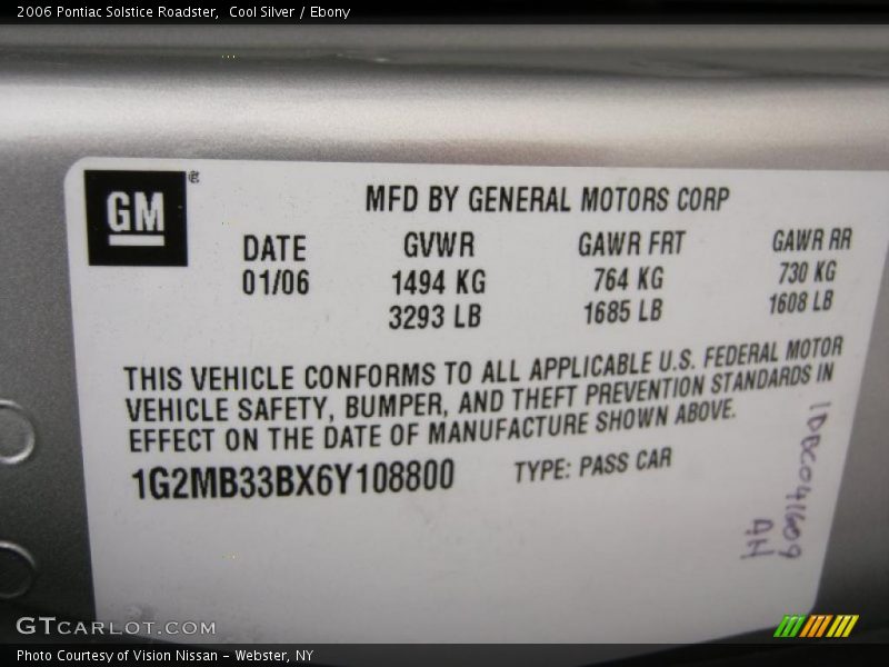 Info Tag of 2006 Solstice Roadster