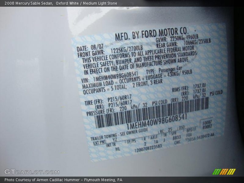Oxford White / Medium Light Stone 2008 Mercury Sable Sedan