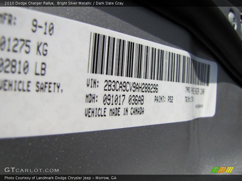 Bright Silver Metallic / Dark Slate Gray 2010 Dodge Charger Rallye