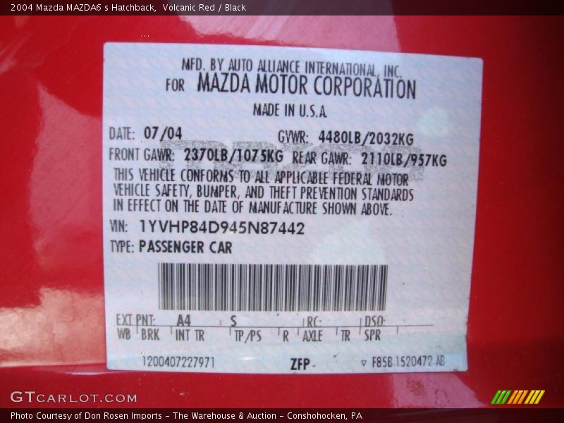 2004 MAZDA6 s Hatchback Volcanic Red Color Code A4