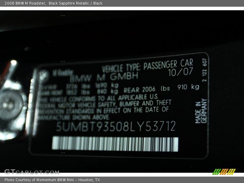 Black Sapphire Metallic / Black 2008 BMW M Roadster