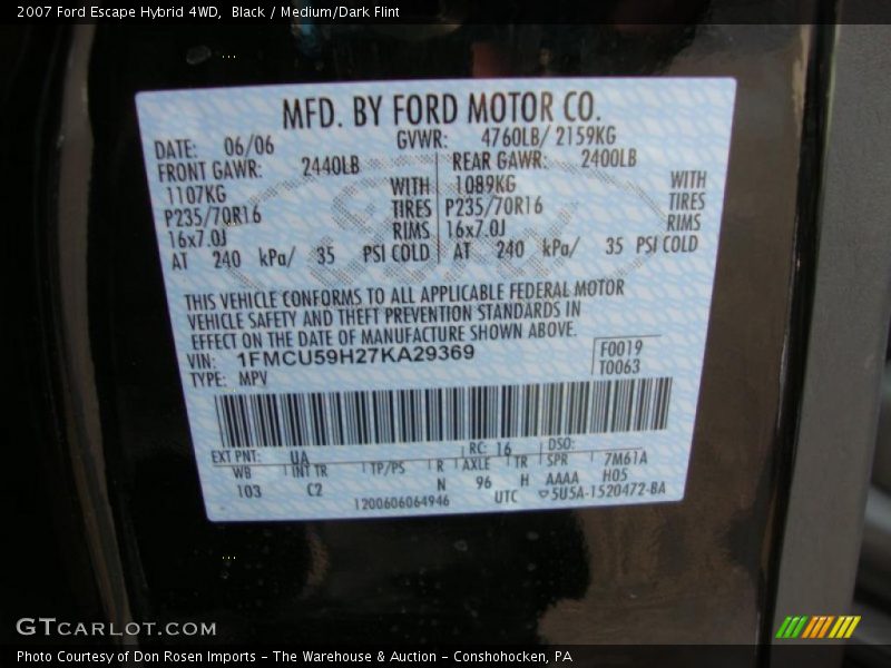 2007 Escape Hybrid 4WD Black Color Code UA