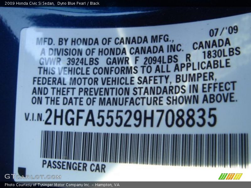 Dyno Blue Pearl / Black 2009 Honda Civic Si Sedan