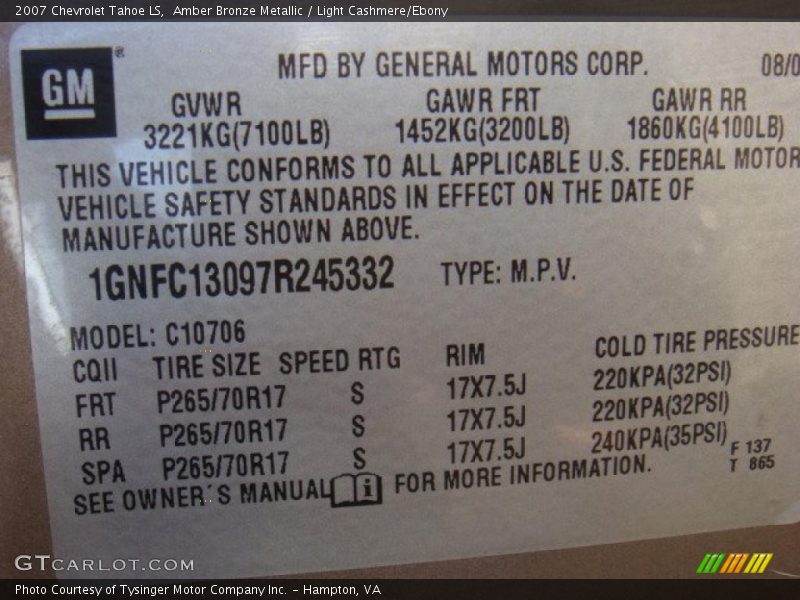 Amber Bronze Metallic / Light Cashmere/Ebony 2007 Chevrolet Tahoe LS
