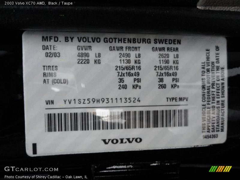 Info Tag of 2003 XC70 AWD