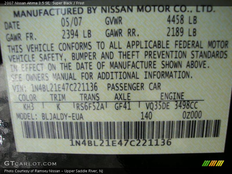 Super Black / Frost 2007 Nissan Altima 3.5 SE