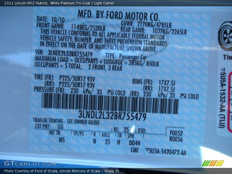 2011 MKZ Hybrid White Platinum Tri-Coat Color Code UG