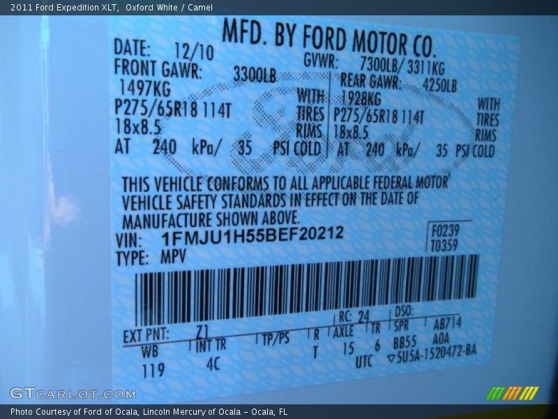 2011 Expedition XLT Oxford White Color Code Z1