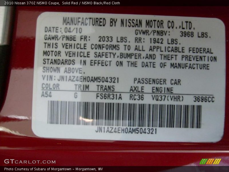 2010 370Z NISMO Coupe Solid Red Color Code A54