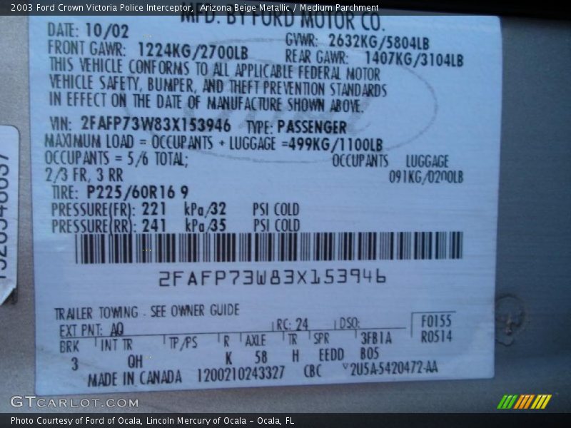 2003 Crown Victoria Police Interceptor Arizona Beige Metallic Color Code AQ