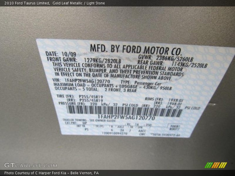 Gold Leaf Metallic / Light Stone 2010 Ford Taurus Limited