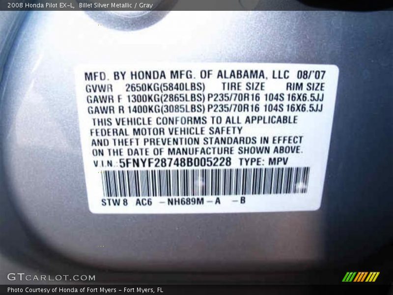 2008 Pilot EX-L Billet Silver Metallic Color Code NH689M