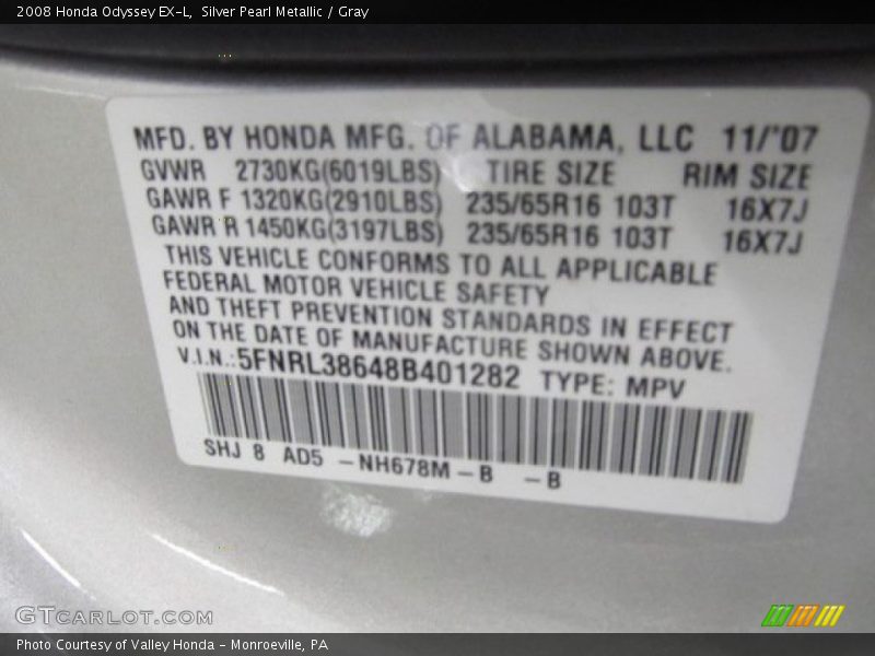Silver Pearl Metallic / Gray 2008 Honda Odyssey EX-L