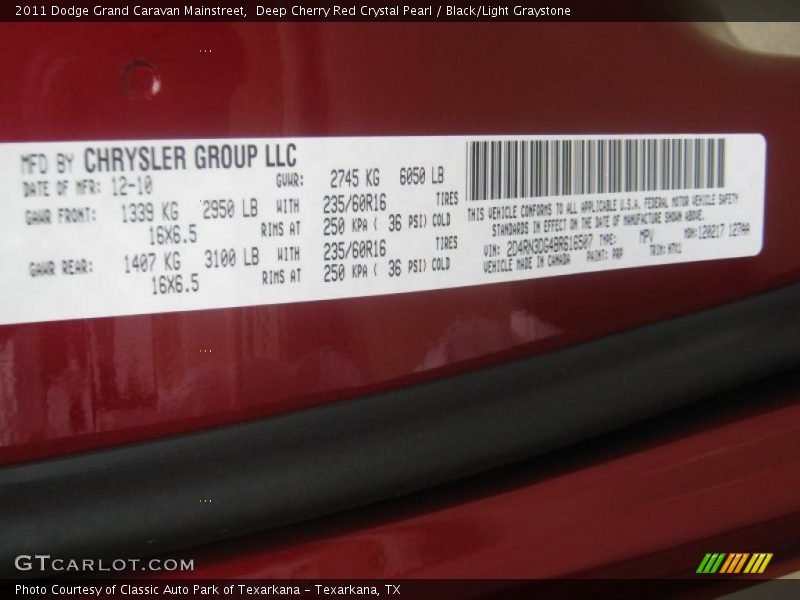 Deep Cherry Red Crystal Pearl / Black/Light Graystone 2011 Dodge Grand Caravan Mainstreet