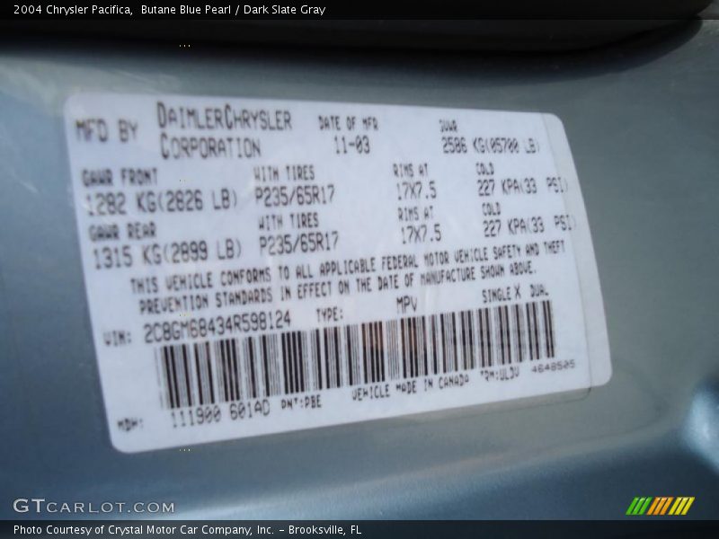 Butane Blue Pearl / Dark Slate Gray 2004 Chrysler Pacifica