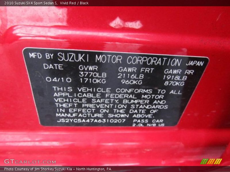 Info Tag of 2010 SX4 Sport Sedan S